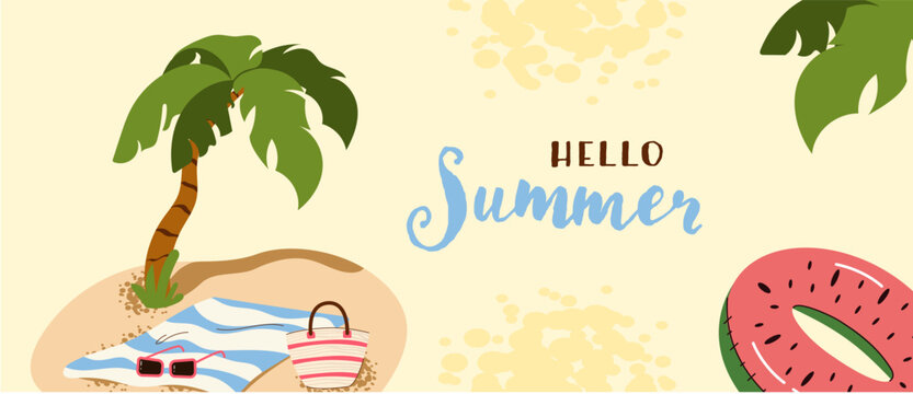 Hello Summer horizontal banner featuring a tropical palm tree, beach bag, towel, sunglasses, and a watermelon pool float. Template for seasonal sales, travel advertisements, and vacation social media 