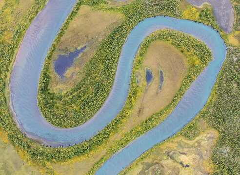 River landscape from the air, close-up, course of the Visttasjohka river, Nikkaluokta, Lapland, Sweden