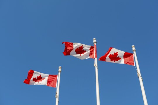 Three flagpoles with the Canadian flag, Vancouver, British Columbia, Canada