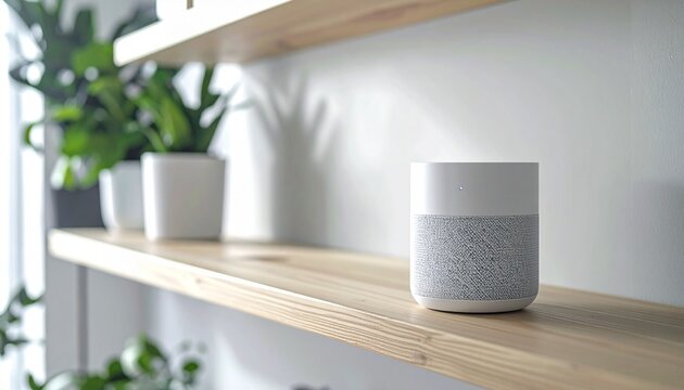 A white smart speaker placed on a wooden shelf; minimalist appliances and lifestyle