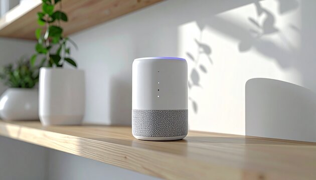 A white smart speaker placed on a wooden shelf; minimalist appliances and lifestyle