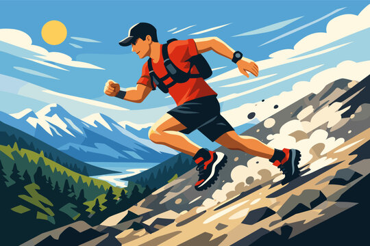 Dynamic vector illustration of a male trail runner sprinting down a steep rocky mountain ridge under a bright sun, featuring a scenic landscape with snow peaks, pine forests, and blue sky.