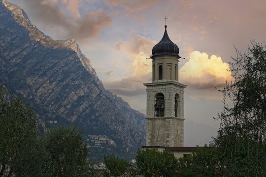 San Benedetto church tower in the evening, Limone Sul Garda, Brescia, Lake Garda West, Lombardy, Italy