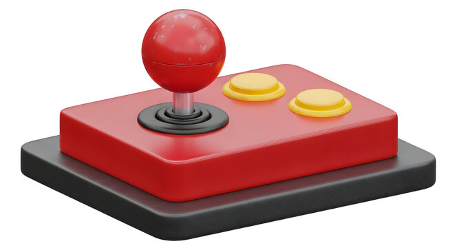 A colorful 3d rendered arcade joystick with a red base and yellow buttons on black