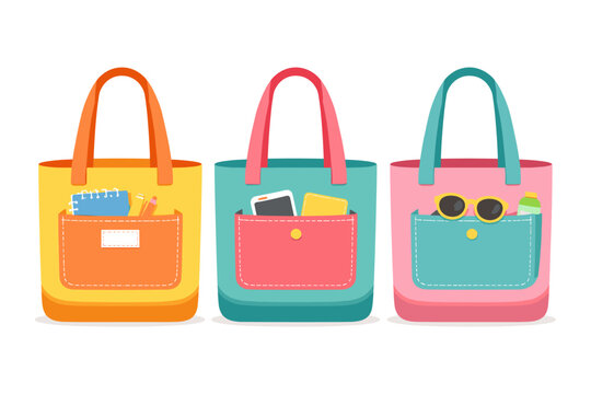 Set of Three Colorful Fabric Tote Bags with Handles and Pockets Containing Everyday Essentials. Simple Flat Vector Illustration for Shopping, Eco-Friendly Lifestyle, and Fashion Accessories.