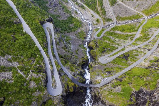 Aerial view, hairpin bends at the mountain road Trollstigen, near &Aring;ndalsnes, M&oslash;re og Romsdal, Vestland, Norway