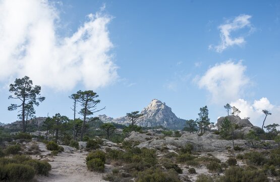 Walking path to Piscia di Gallo, mountain landscape with Punta di u Diamante, Ospedale, Alta Rocca, Corsica, France