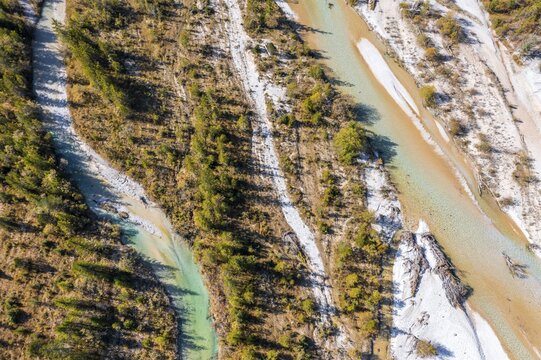 Aerial view, natural riverbed of the upper Isar, near Wallgau, wild river landscape Isartal, in autumn, Bavaria, Germany