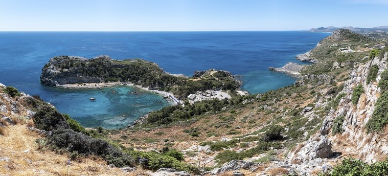 View over the coast of Rhodes, Anthony Quinn Bay, Paralia Antoni Kouin, Rhodes, Dodecanese, Greece