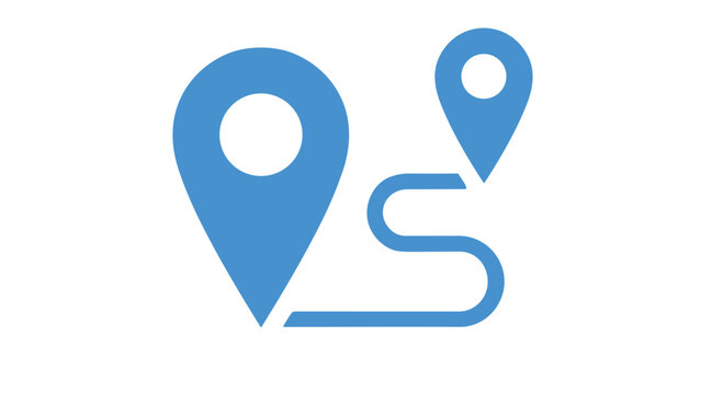 Blue map pin icons with a winding road on a for navigation
