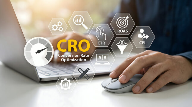 conversion rate optimization concept with person using laptop