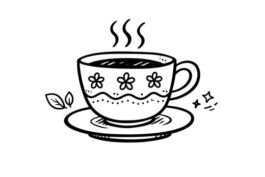 Hand drawn tea cup doodle illustration with floral patterns and steam on a saucer. Simple flat vector line art of a hot beverage mug for cafe, kitchen, and cozy morning breakfast concepts.