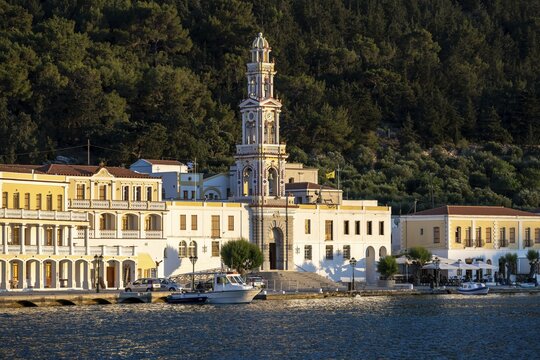 Monastery of Archangel Panormitis in the evening light, Panormitis Bay, Symi, Dodecanese, Greece
