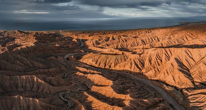 Evening mood, Canyon runs through landscape, Issyk Kul Lake, Dramatic barren landscape of eroded hills, Badlands, Canyon of the Forgotten Rivers, Issyk Kul, Kyrgyzstan