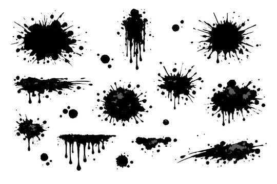 High-Fidelity Vector Compendium of Organic Ink Blobs, Running Drips, Radial Splatters, and Brushed Smears Isolated on White &mdash; Detailed Monochrome Painterly Elements for Editorial Grunge and