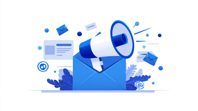 Vector banner of email marketing. Subscription to newsletter, news, offers, promotions. Megaphone or loudspeaker. Buttons template. Subscribe, submit. Send by mail. Follow me. Blue. Eps 10
