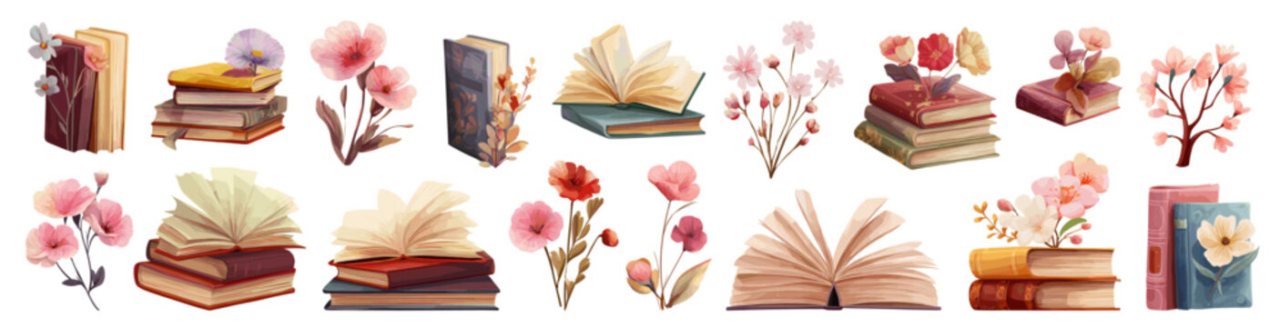 Books floral set. book open stacked flowers branches, blossoms reading literature education library vintage design decorative elements isolated soft illustration vector illustration