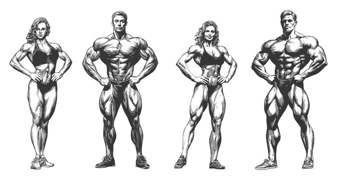 Bodybuilders engraving set. Woman man bodybuilder, fitness pose figure sport skeletons muscles gym anatomy model monochrome drawing sketch vector illustration