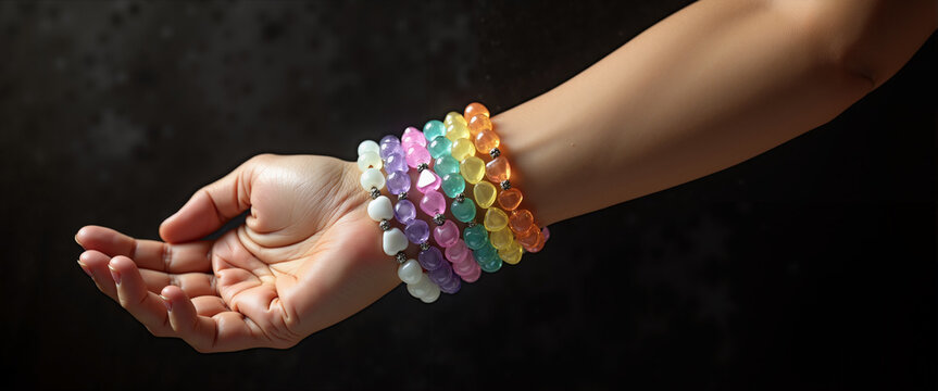 Colorful kandi bracelets worn on a hand representing electronic music festival  