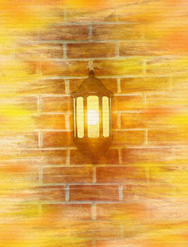 Old Lantern watercolor pattern colorful illustration