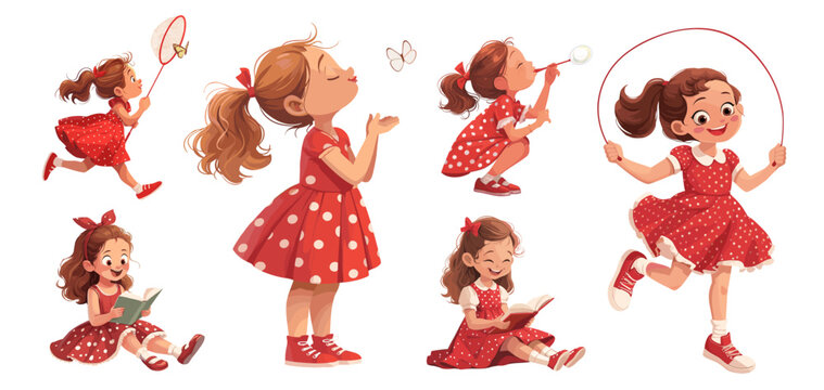 Children girl set. Little brunette lady red dress plays, jumps rope summer butterflies bow tie reading childhood vacation character cartoon vector illustration