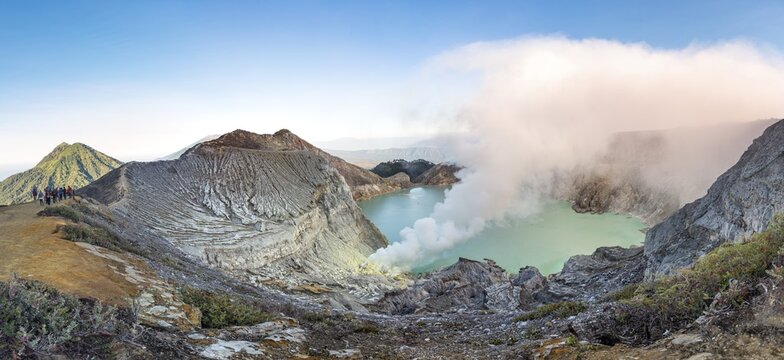 Volcano Kawah Ijen, volcanic crater with crater lake and steaming vents, morning light, Banyuwangi, Sempol, Jawa Timur, Indonesia