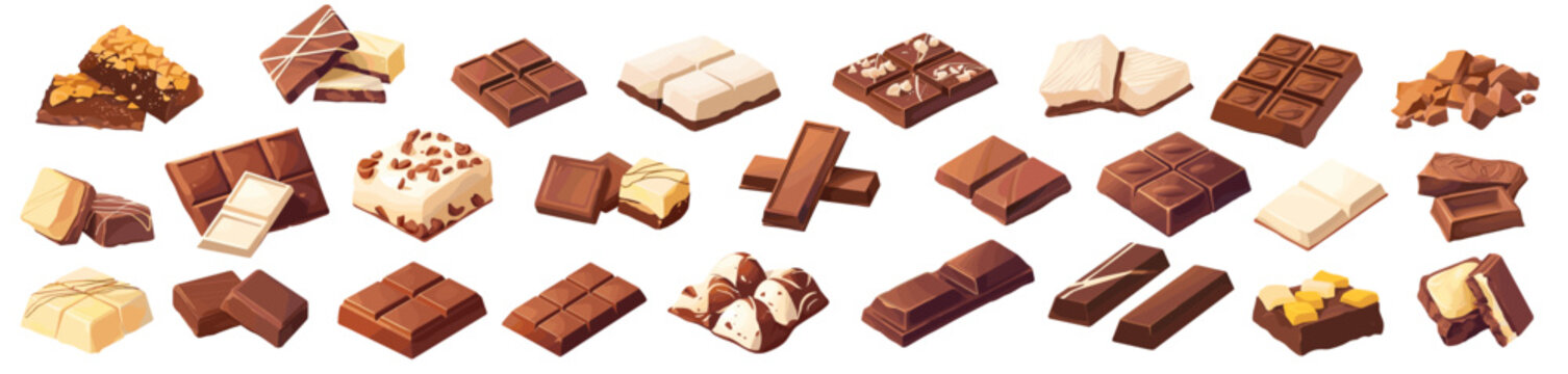 Chocolate bar set. Pieces of milk white black sweet dessert, cocoa praline candy filling confectionery vector illustration