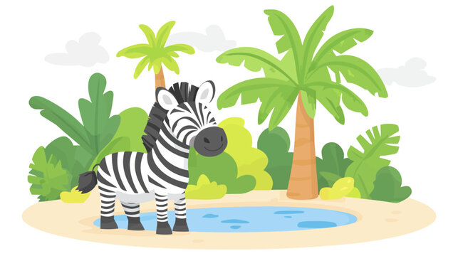 A smiling zebra stands near a pond surrounded by lush green plants and palm trees in this vibrant cartoon scene
