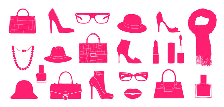 Fashion accessories set. Pink shoes bag glasses hat lipstick cosmetics scarf necklace perfume nail polish lips, woman luxury fashion silhouette collection vector illustration