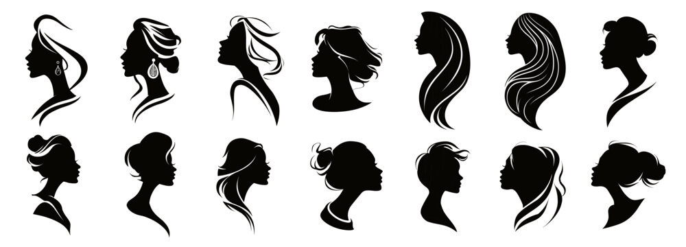 Female portrait silhouette. Woman profile, logo emblem monochrome hairstyle character hairdresser beauty salon vector illustration