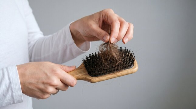 Close up of hands holding hairbrush with clump of fallen hair representing hair loss and alopecia.