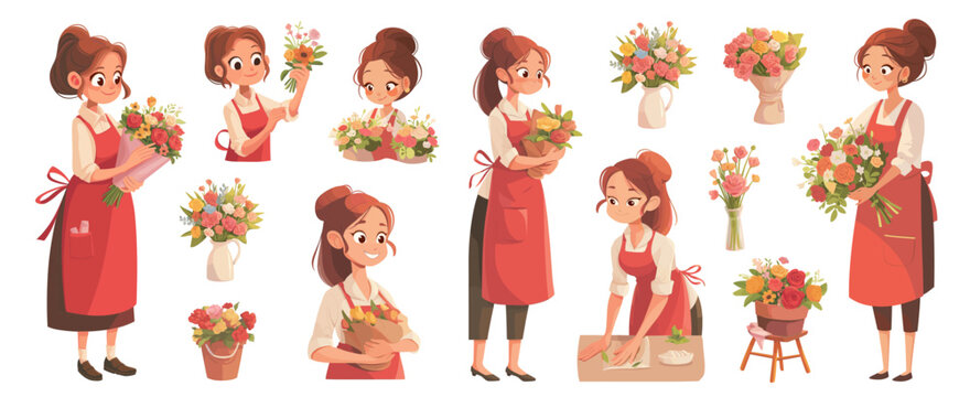 Florist cartoon set. Brunette woman in a red apron assembling bouquet, flower shop small business character design vector illustration