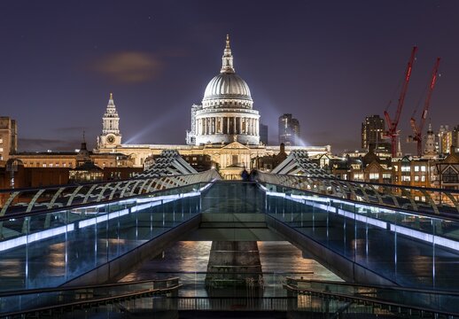Millennium Bridge and St Paul's Cathedral at night, London, England, United Kingdom