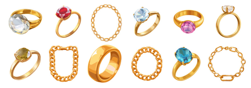 Jewelry set. Gold ring bracelet white pink blue green diamond, accessory chain luxury fashion metal wedding vector illustration