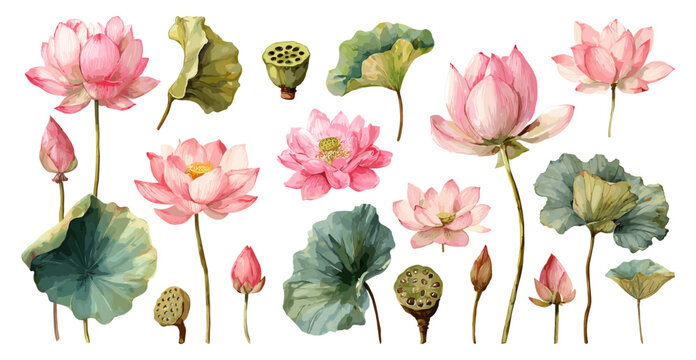 Lotus flower watercolor. Pink lotuses set, water lily seed pods garden plant green leaf botanical elements vector illustration