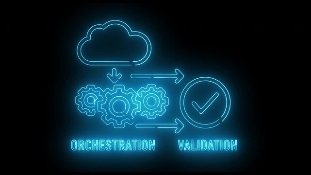 Neon-lit illustration of a cloud computing process with gears, checkmark, and arrows on a black background.