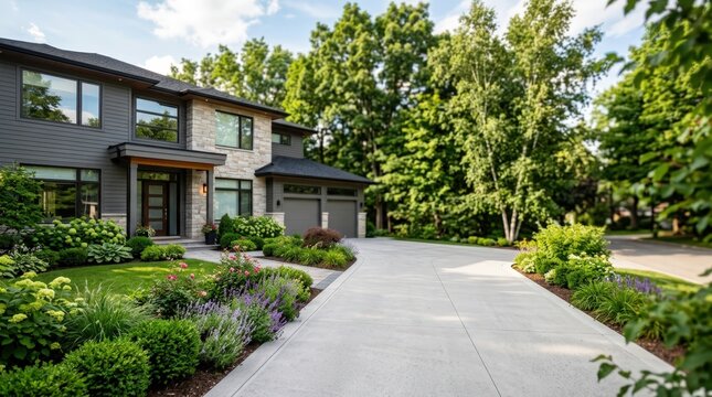 Daytime shot of a modern suburban residence focusing on clean driveway and lush greenery with background trees softly blurred for depth.
