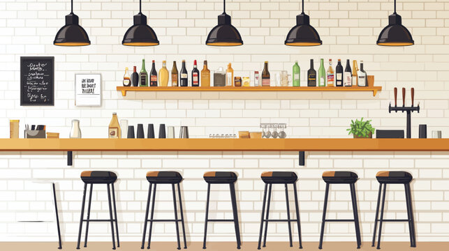 Illustration of an empty bar with stools, drinks and light fixtures, against a brick wall