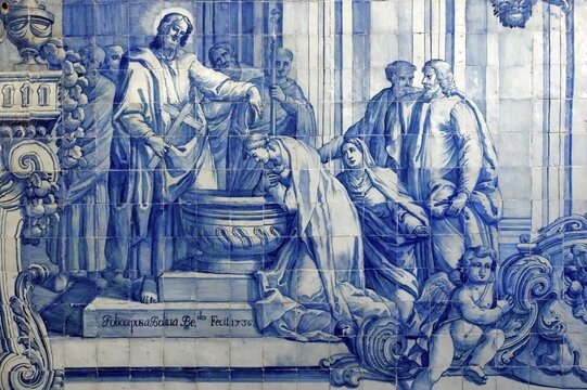 Blue Azulejos in Sao Filipe castle Chapel, Setubal, Lisbon Coast, Portugal