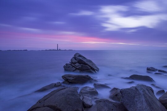 View to the lighthouse on I'lle Vierge at dusk, Plouguerneau, D&eacute;partement Finist&egrave;re, France