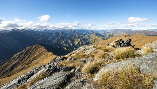 Mountain views from the summit of Ben Lomond, Southern Alps, Otago, South Island, New Zealand