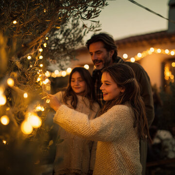 joyful family decorates their yard with festive garlands sharing laughter as they work together