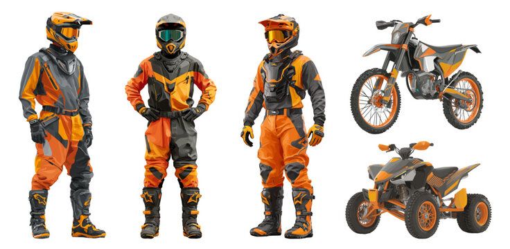 Racers set. Racer in orange gray gear, motorcycle ATV helmet speed extreme off-road sports character clothing race realistic vector illustration