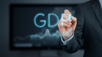 Obraz premium A middle-aged Caucasian man in a business suit drawing a GDP graph with a glowing blue marker