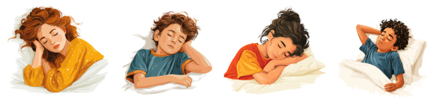 Sleeping Children set. Boy girl resting, sleep night rest childhood time for sleep comfort vector illustration
