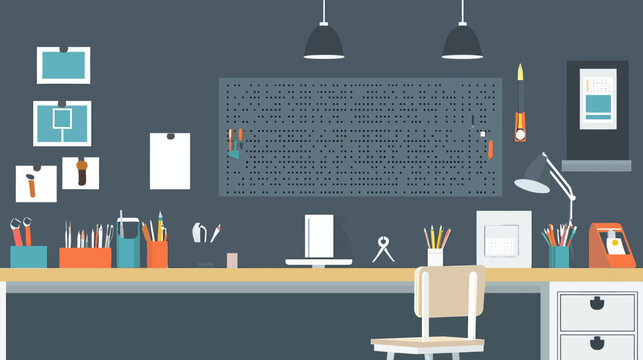 Cartoon workspace, desk with tools, pegboard, lamps, notes, and a chair. Simple design