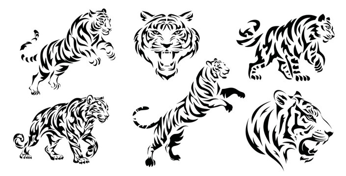 Tiger tattoo set. Tiger, wild animal emblem geometric monochrome engraving striped pattern design print drawing sketch vector illustration