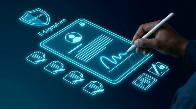 E-signature on digital document with futuristic interface