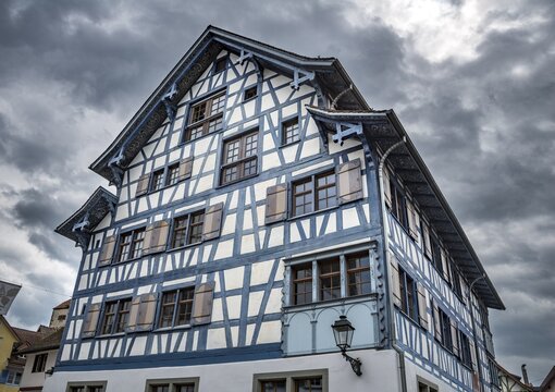 Blue half-timbered house, historic centre, Arbon, Canton of Thurgau, Switzerland