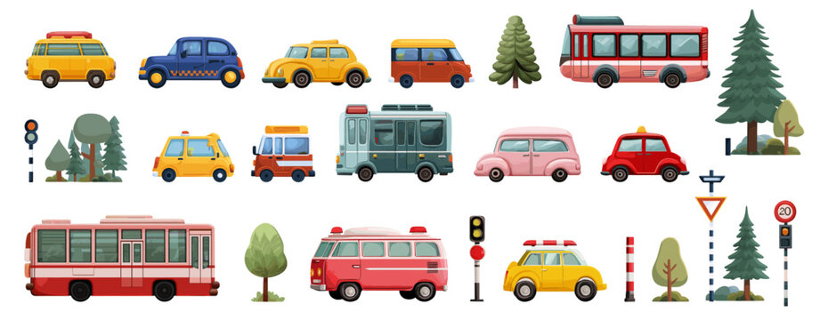 Transportation flat cartoon. Cars, car red bus yellow taxi traffic light urban decor landscape sticker vector illustration